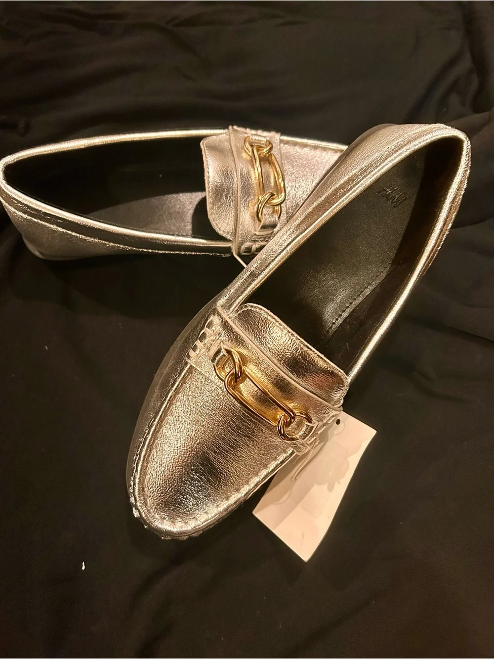H&M Silver Metallic Loafers size 37 6.5 with Gold Bit Detail NEW NWT